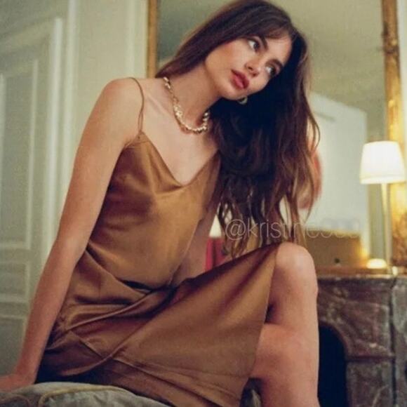 Young Fabulous and Broke Evie Satin midi Slip dress in Toffee Color size medium - Picture 5 of 16